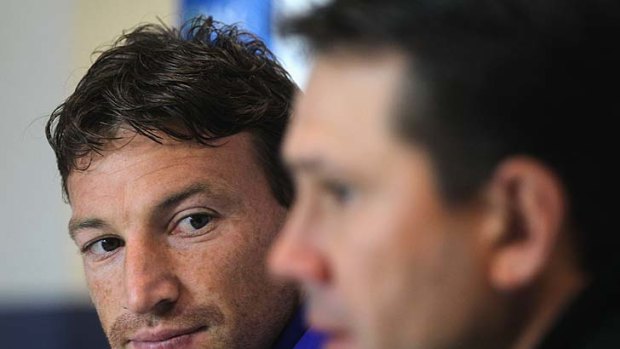 Eyes have it: Brent Harvey (left) and Ricky Ponting speak to the media in Melbourne yesterday.