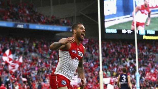 Big capacity: Lance Franklin celebrates a goal against the Dockers at ANZ Stadium earlier this month.