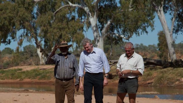 Carbon capture ... From left, Bruce Breaden, traditional owner, Environment Minister Tony Burke and David Pearse, managing director, R.M.Williams Agricultural Holdings.