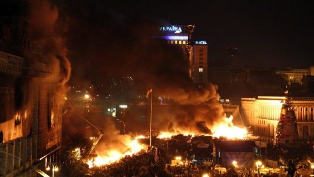 Clashes at Independence Square in Kiev after Ukrainian riot police charged protesters occupying the square on Wednesday.