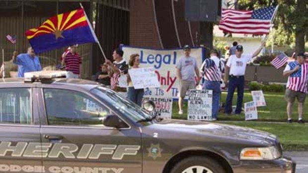 A protest against illegal immigrants, outside the Fremont, Nebraska city hall.