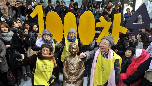South Korean women who served as sex slaves during World War II protest outside the Japanese embassy in Seoul in 2011. 