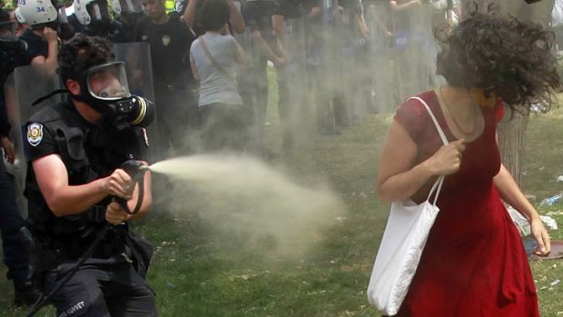 Ceyda Sungur turns her back on a riot policeman as he sprays her with tear gas.