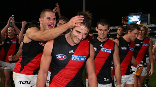 The Bombers celebrate after their round-14 victory over West Coast.