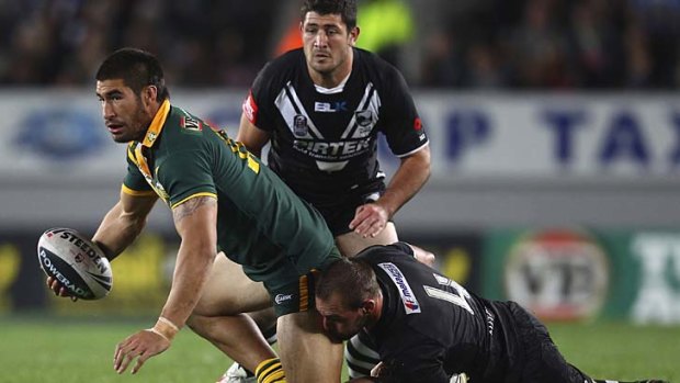 No confusion here &#8230; James Tamou in action for Australia against the nation of his birth, New Zealand, during the Anzac Test at Auckland's Eden Park in April.