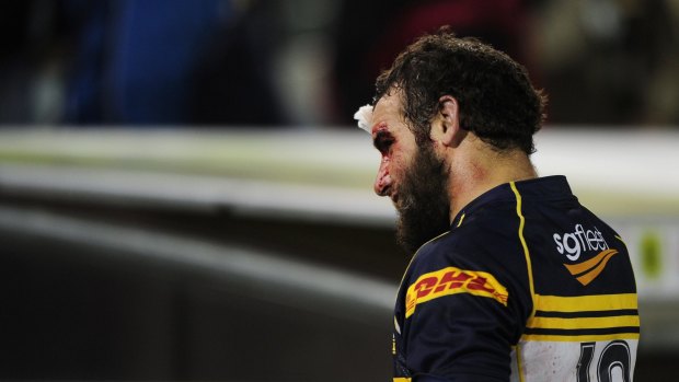 Battle wounds: Scott Fardy heads to the sheds at full-time during a Super Rugby match for the Brumbies against Otago in 2012.