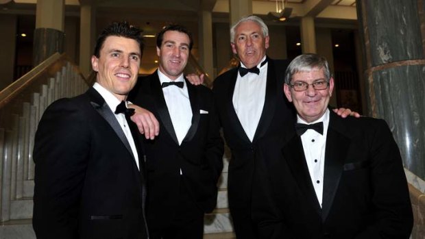 Night to remember: Hall of Fame inductees Matthew Lloyd, Scott West, Rick Davies and Royce Hart were honoured for their services to the game during a black-tie dinner in Canberra last week.