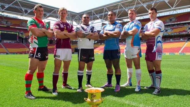 Intrust Super Cup captains Darren Bain of Wynnum Manly Sea Eagles, Daly Cherry-Evans of Sunshine Coast Sea Eagles,  Phil Dennis of Souths Logan Magpies, Mark Leafa of Norths Devils, Chris Sheppard of Northern Pride and Neil Budworth of Mackay Cutters.