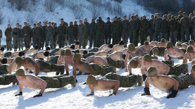 South Korean and US Marines from 3-Marine Expeditionary Force from Okinawa, Japan, do a push-up on the snow during their joint military winter exercise in Pyeongchang, South Korea.