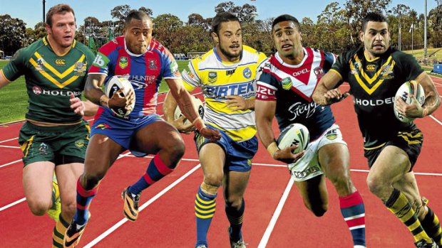 Pace to burn: Brett Morris, Akuila Uate, Jarryd Hayne, Michael Jennings and Greg Inglis could have the chance to prove how quick they are over 100m at next year's Auckland Nines.