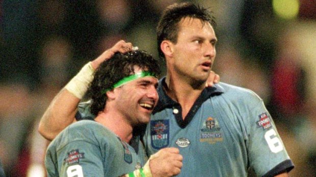 Glory days ... Benny Elias and Laurie Daley celebrate after winning game two of the State of Origin series in 1994.