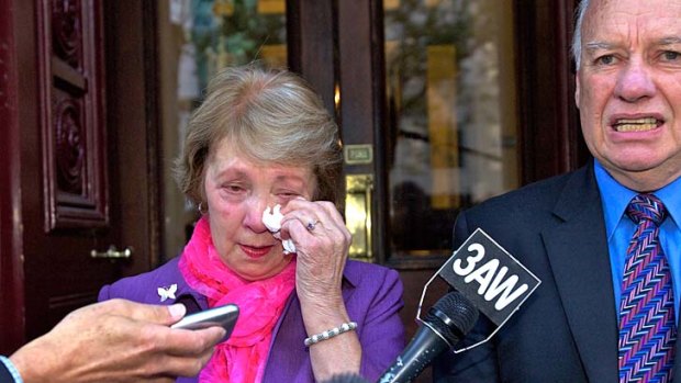 Elizabeth Membrey's parents, Joy and Roger Membrey, outside Melbourne's Supreme Court after Shane Bond was acquitted of their daughter's murder.
