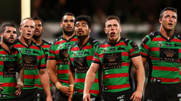 Stunned: The Rabbitohs couldn't believe that Adam Reynolds' field goal was disallowed.