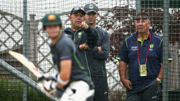 Darren Lehmann, Michael Clarke and Rod Marsh look on during an Australian training session ahead of the third Test.