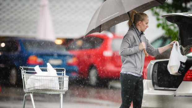 A shopper loads her car in the rain at Fyshwick markets.