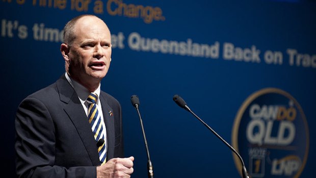 Campbell Newman addresses LNP faithful on March 4. He had a more testing public appearance last night.