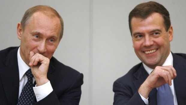 Who's in charge ... Russian president Dmitry Medvedev, right, and Vladimir Putin.