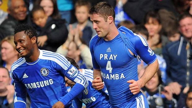Chelsea defender Gary Cahill shows his support for Fabrice Muamba after scoring against Leicester.