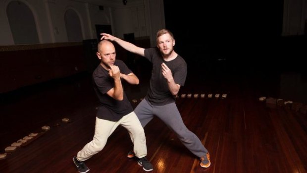 Antony Hamilton (L) and Alisdair Macindoe are preparing a piece for Dance Massive called 'Meeting' that includes 64 specially created new instruments, photographed at Art House at North Melbourne Town Hall. 