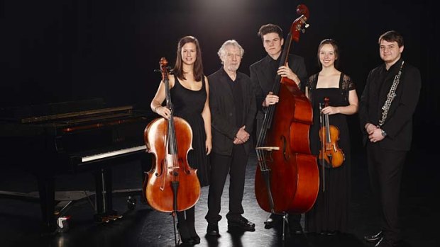 Tony Gould with VCASS quartet: (relating to their instrument) Kailen Cresp-oboe, Camille Stevenson-Mentiplay-cello, Marlane Bennie-violin, Angus Radley-double bass.