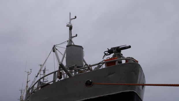 Whale-hunting equipment abord a boat in Reykjavik's Faxafloi Bay.