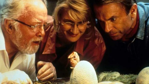 Richard Attenborough with Laura Dern and Sam Neil in <i>Jurassic Park</i>.