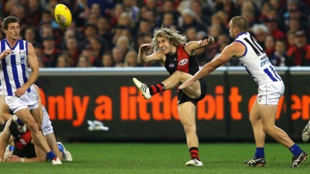 Dyson Heppell clears during the elimination final against the Kangaroos.