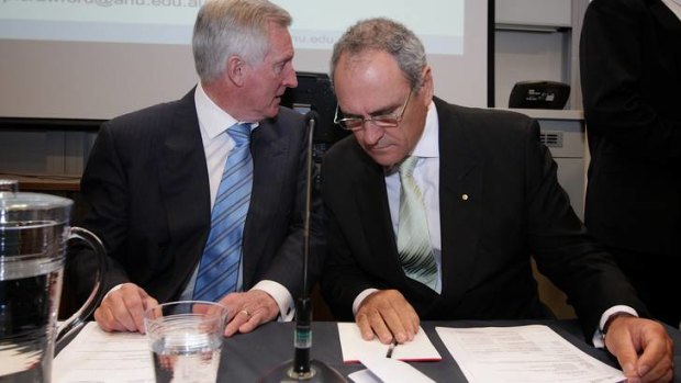 Ken Henry, right, and the former Liberal leader John Hewson at the forum in Canberra.