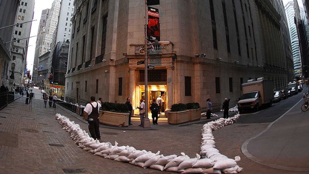 The back entrance to the New York Stock Exchange is surrounded by sand bags as Hurricane Sandy closes in on New York.