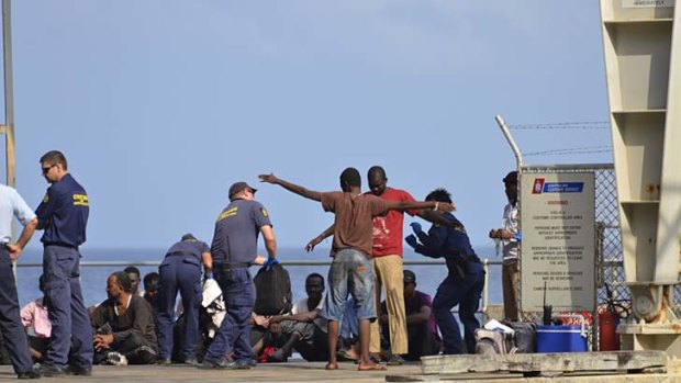 The suspected asylum seekers at Christmas Island on Thursday.