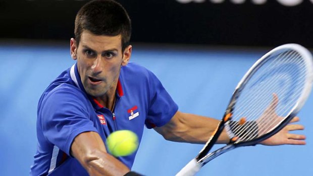 Novak Djokovic hits a return against Fernando Verdasco.