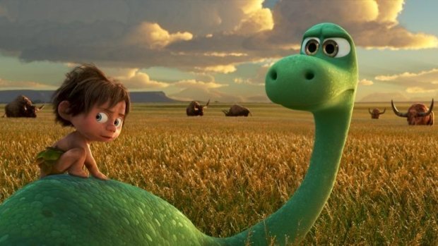 Off the beaten track, again: Arlo, a timid young apatosaurus, adventures with a caveboy, Spot, in the new Pixar adventure <i>The Good Dinosaur.</i>