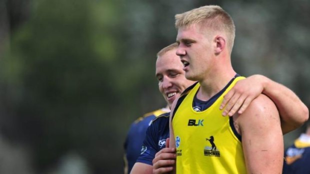 Tom Staniforth at Brumbies training this week with Ben Alexander.