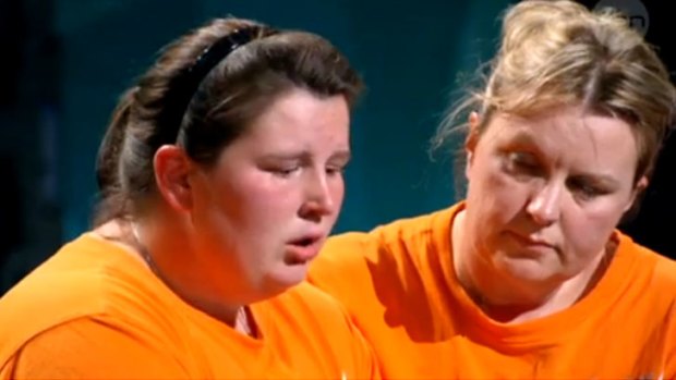 Katie, left, and her mother Robyn were saved from elimination but not before a bucket was filled with tears.