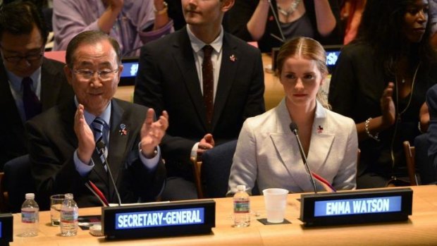UN Women Goodwill Ambassador Emma Watson (R) and United Nations Secretary General Ban Ki-moon.
