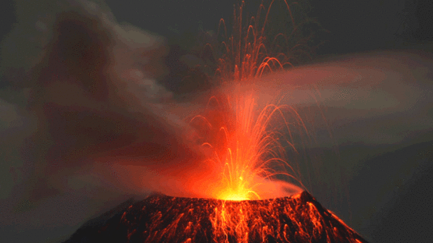 The Tungurahua volcano in Ecuador spews ash and rock into the air.