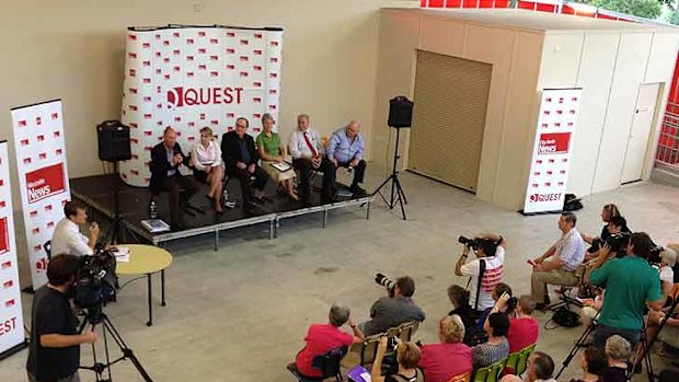 Campbell Newman and Kate Jones participate in a debate at Oakleigh State School in Ashgrove on Sunday afternoon.