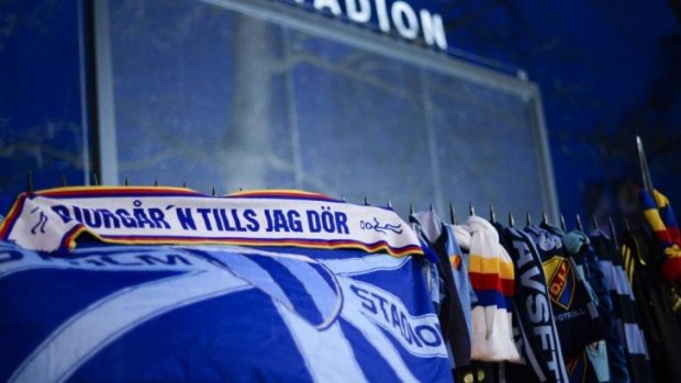 A scarf that reads "Djurgarden until i die" is hanged outside Stockholms Stadion after a supporter was assaulted and died of his head injuries before the season opening Swedish league match between Helsingborg IF and Djurgarden IF held at Olympia in Helsingborg.