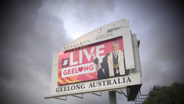 A billboard promoting Geelong, and Darryn Lyons, just outside Geelong.
