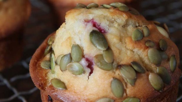 Ways with strawberries ...  strawberry and white chocolate muffins with pepitas.