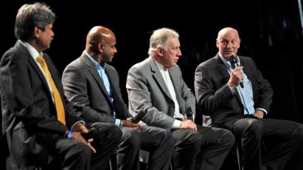 Dennis Lillee (extreme right) holds forth at the launch of the 2015 World Cup in July last year, watched by (from left) India's Kapil Dev, Sri Lanka's Sanath Jayasuriya, and Ian Chappell.