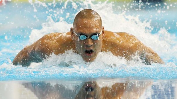 Not fast enough &#8230; Geoff Huegill finishes fifth in the 100 metres butterfly last night.