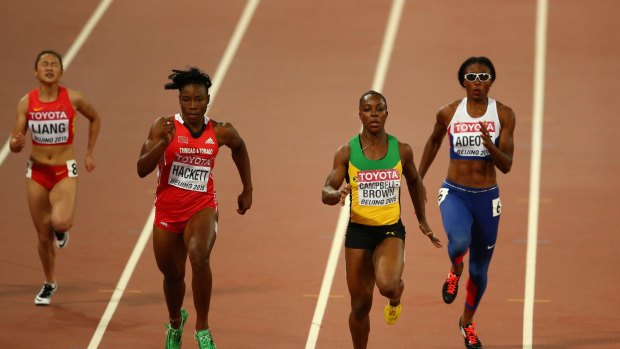Whoops: Veronica Campbell-Brown of Jamaica accidently veers into Margaret Adeoye's lane in the women's 200 metres heats during day five of the 15th IAAF World Athletics Championships.