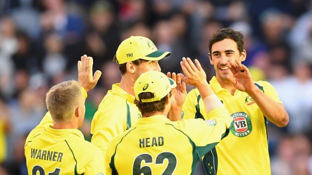 Happy days: Mitch Starc is congratulated by team mates after taking a wicket.