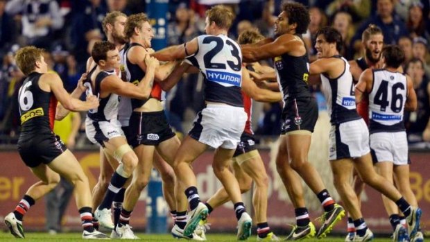 Carlton and St Kilda players get up close and personal during Monday night's game.