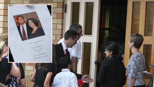 Mourners enter Our Lady Queen of Peace Catholic Church at Greystanes for the funeral of Carole and Joe Sherry (inset).