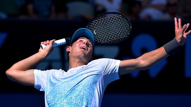 So confident &#8230; Tomic during his defeat of Daniel Brands at the Rod Laver Arena this week.