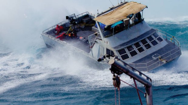 A film crew grapples with big seas. Water on 3D cameras is a big problem.