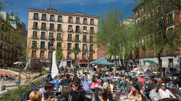 Sidewalk bars in the Malasana district of Madrid.