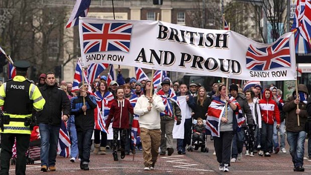 Lightning rod &#8230; a protest march in Belfast. There are concerns extreme, anti-ceasefire elements, including loyalists with connections to the British far right, are trying to exploit the flag issue.